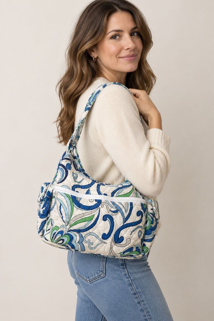 Vera Bradley Mediterranean White Quilted Hobo Shoulder Bag Blue Green Y2K
